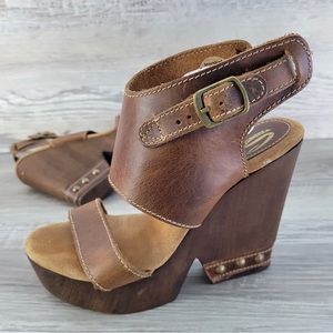 Sbicca Vintage Collection Brown Leather Demi Wedge Ankle Cuff Sandals 40 (US 9)